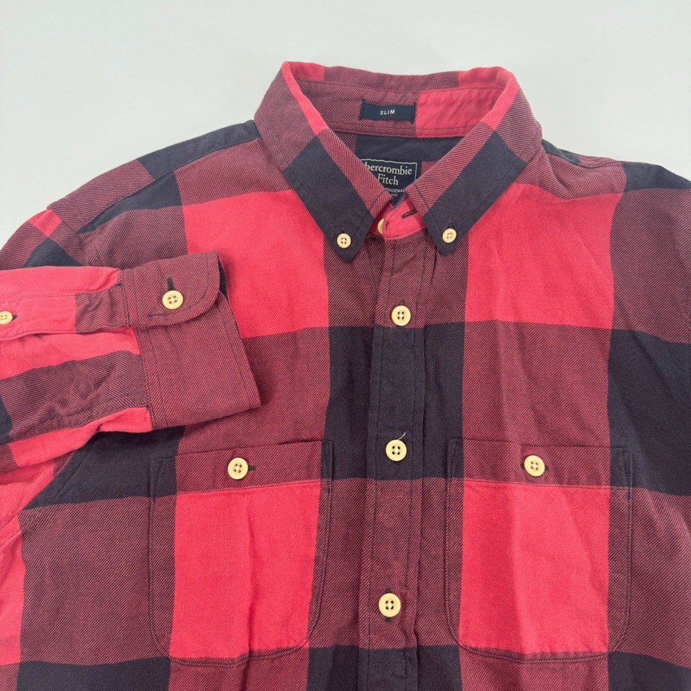 Abercrombie & Fitch Mens Slim Fit Red Black Buffalo Plaid Flannel Shirt‎